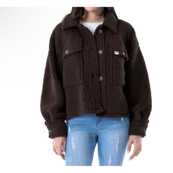 Lee Womens Cropped Sherpa Shirt Jacket Cocoa Powder Size XXL - Picture 1 of 9